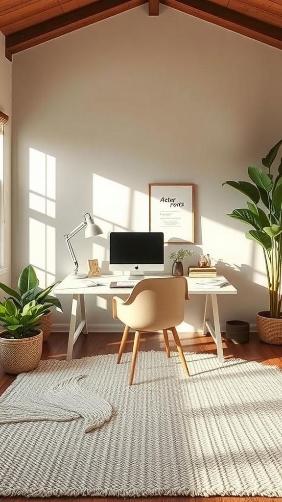 Cozy Japandi home office with textured rug, desk, and plants