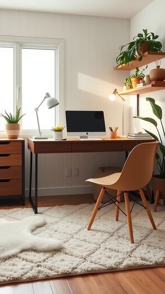 A cozy home office featuring a textured rug, wooden desk, and plants, creating a soft spring aesthetic.