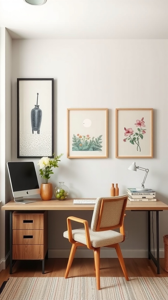 A beautifully designed home office featuring textured wall decor, calming colors, and a wooden desk with a computer.