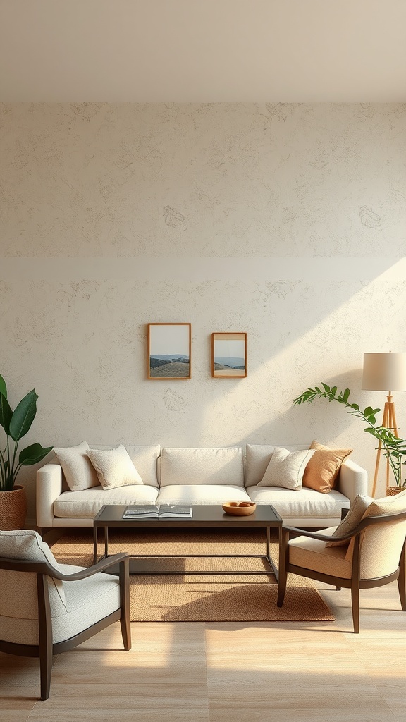 A cozy living room with textured walls, a light sofa, and wooden furniture, showcasing modern Mediterranean decor.