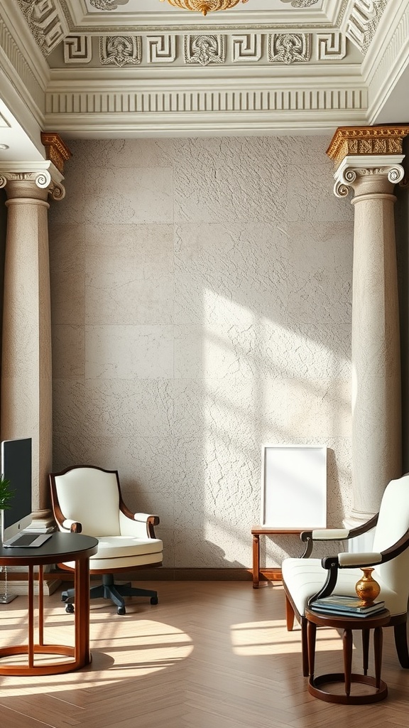 A stylish home office with textured walls, classical columns, and elegant furniture.
