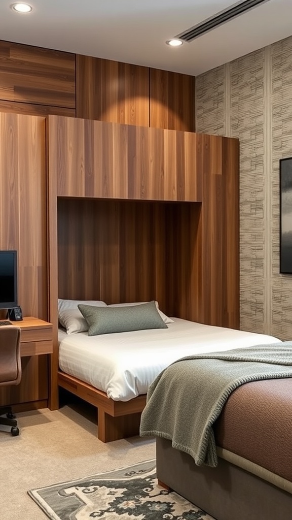 Cozy bedroom with textured wall treatments and wooden furniture.