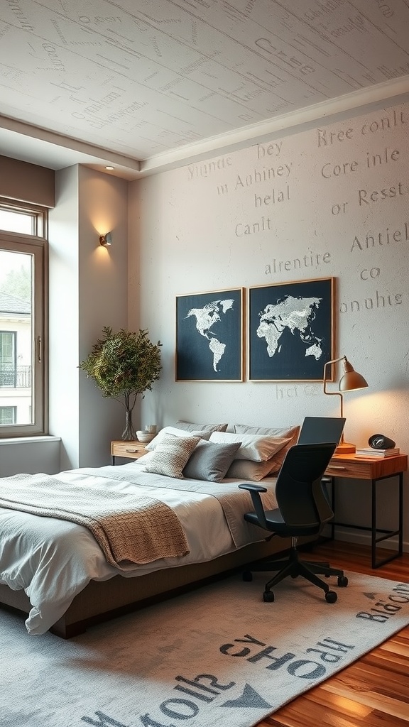 A cozy bedroom with textured walls, a bed with neutral linens, and a modern desk area.