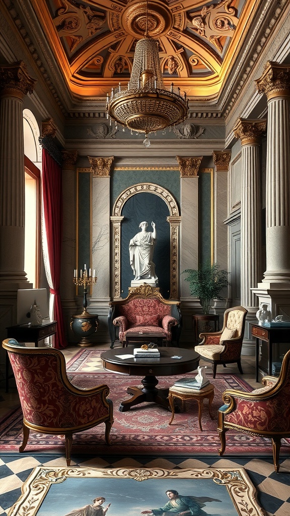 A luxurious home office featuring Baroque and Roman architectural elements, including ornate ceiling, chandelier, and plush seating.