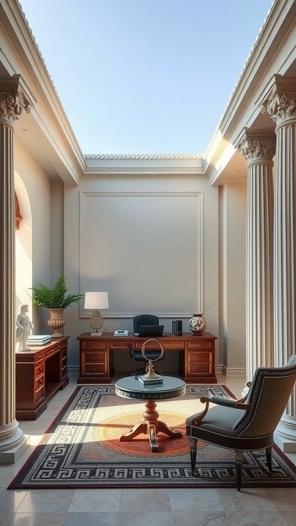 A home office featuring Greek architectural elements with tall columns, a wooden desk, and elegant decor.