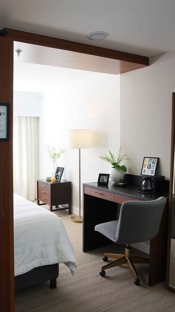 A stylish guest bedroom office featuring a desk, a chair, and a Murphy bed for convenience.