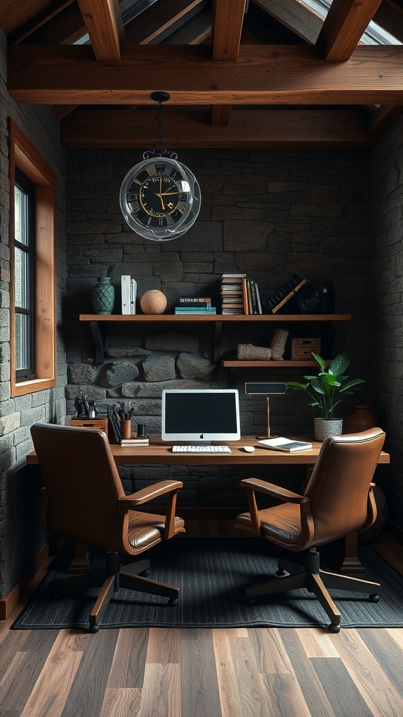 A modern masculine home office featuring timber beams, a stone wall, and a stylish desk with leather chairs.