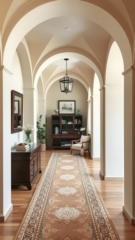 A corridor with elegant archways and warm lighting.