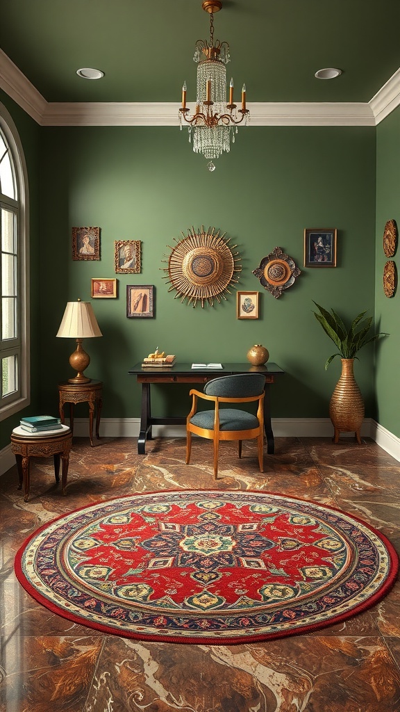 A cozy boho room showcasing an olive green color palette with a round rug, vintage furniture, and decorative wall art.