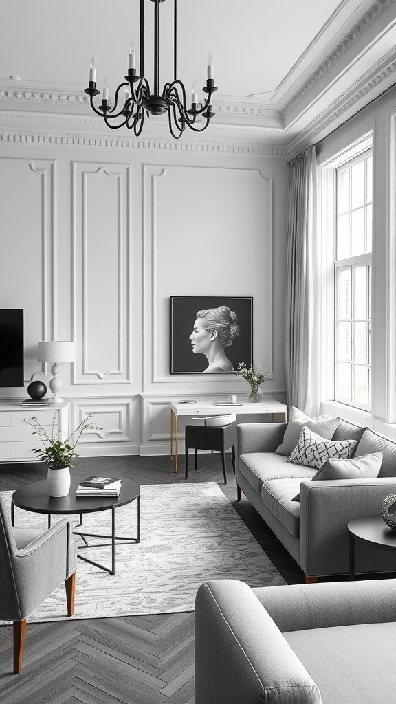 A monochrome living room featuring grey furniture, elegant decor, and a stylish chandelier.