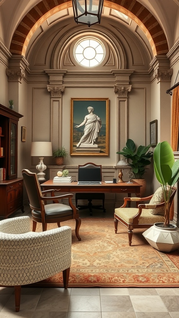 A cozy home office with Roman architecture elements, featuring high ceilings, wooden furniture, and classical art.