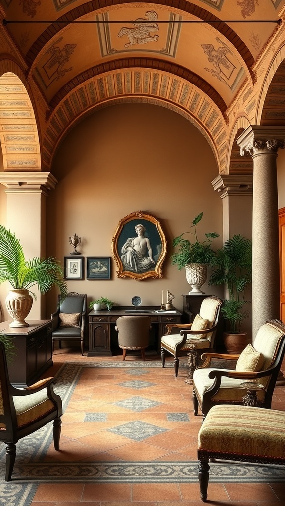 A cozy home office featuring Tuscan design elements like a vaulted ceiling, wooden furniture, and decorative plants.