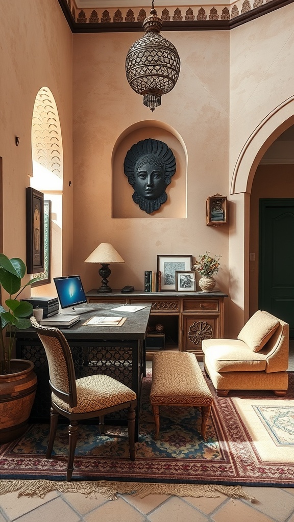 A cozy home office with traditional Bedouin decor featuring warm tones, intricate furniture, and a decorative lantern.