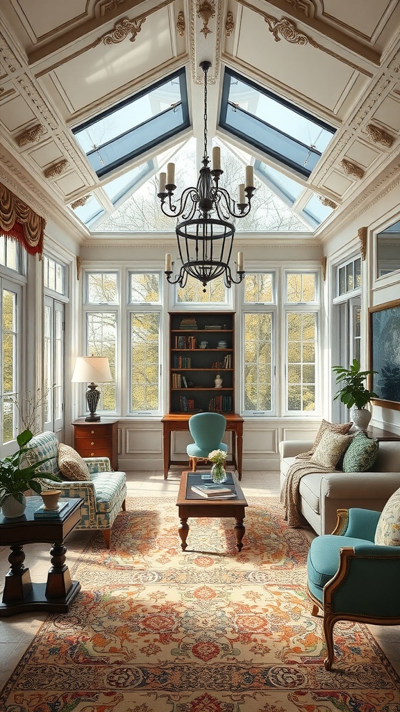 A traditional elegant sunroom with large windows, a chandelier, and cozy seating.