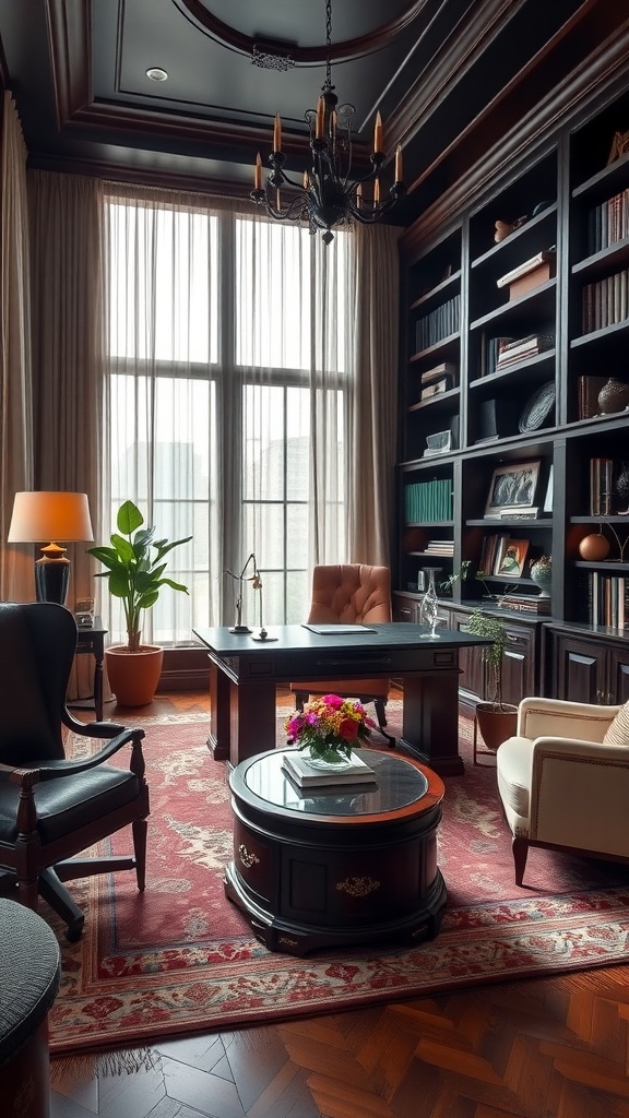 A traditional executive office with a large desk, plush seating, bookshelves, and elegant decor.