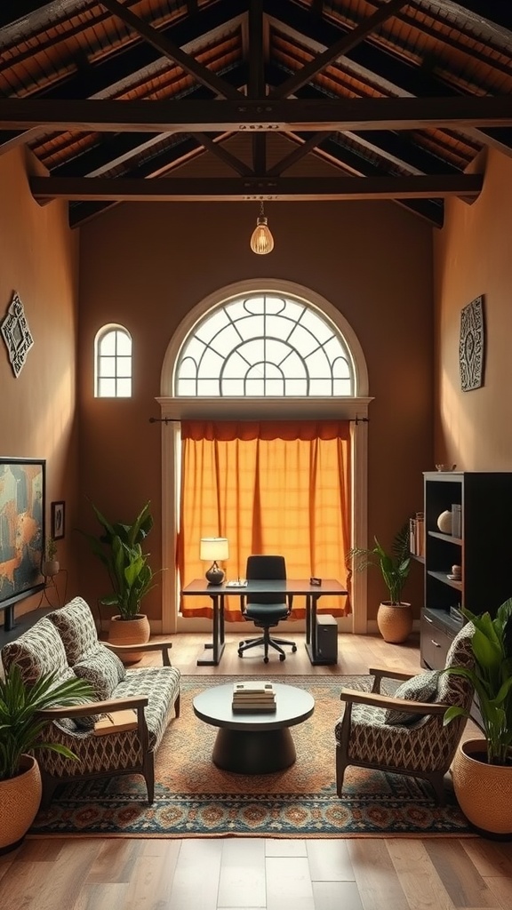 A traditional Hausa-inspired home office featuring high ceilings, natural light, and earthy decor elements.