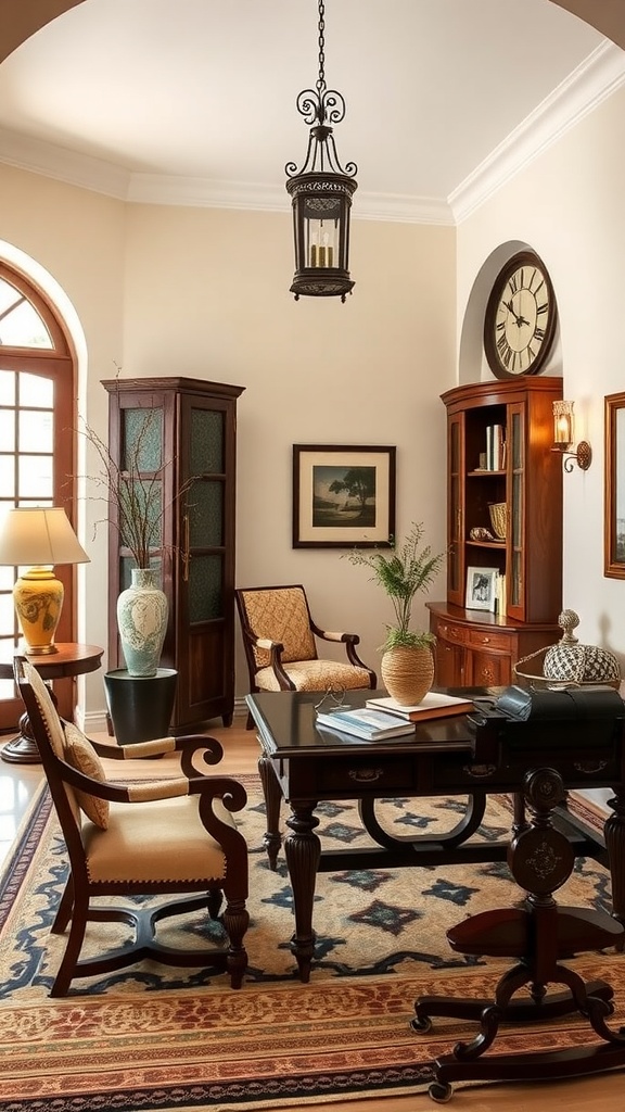 A dining area showcasing traditional Mediterranean furniture with wooden tables and chairs.
