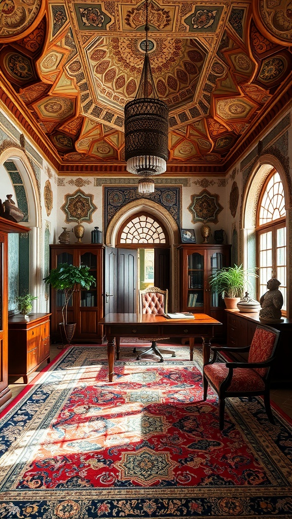 A beautifully designed home office featuring traditional Persian patterns with an ornate ceiling and rich textiles.