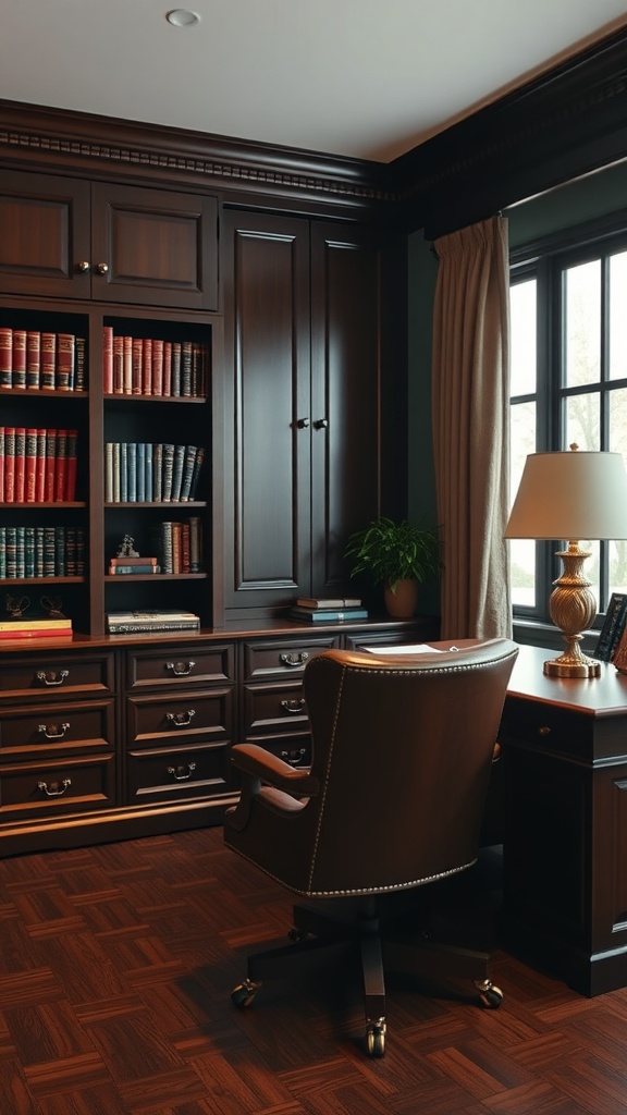 Traditional study with dark wood finishes, shelves filled with books, and an inviting armchair