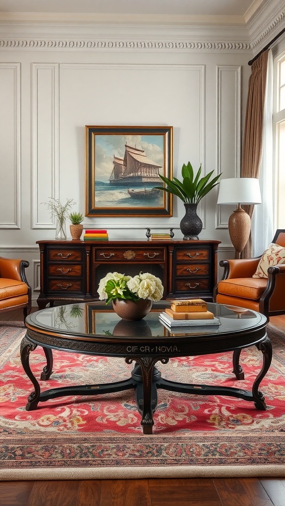 Traditional home office with wooden coffee table, elegant seating, and decor