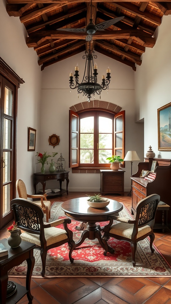 A cozy traditional villa interior showcasing wooden beams, terracotta tiles, and elegant furniture.