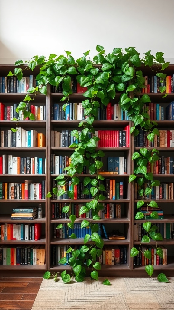 A trailing pothos plant cascading over a bookshelf filled with colorful books.
