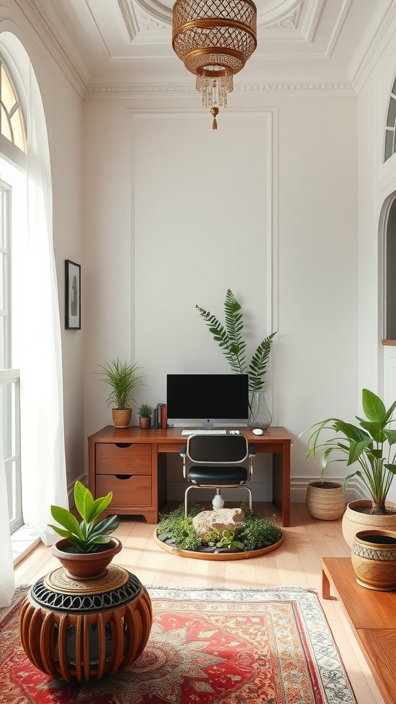 A tranquil home office featuring a wooden desk, plants, and a Zen garden design