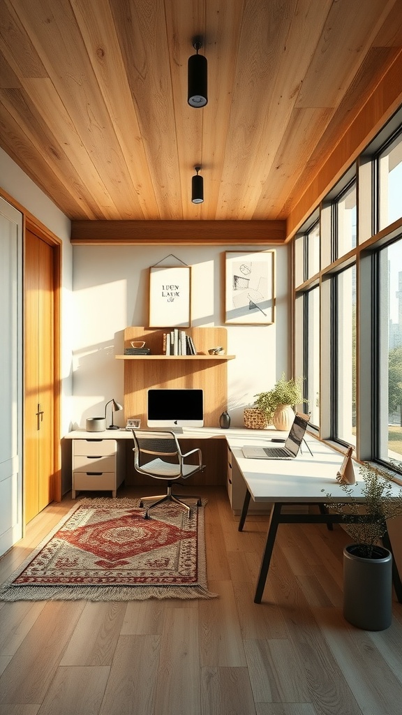 Bright and modern modular office with wooden accents and large windows