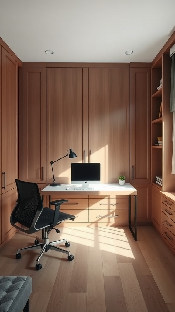 Modern home office featuring a desk and comfortable chair, with wooden cabinets and sunlight streaming in.