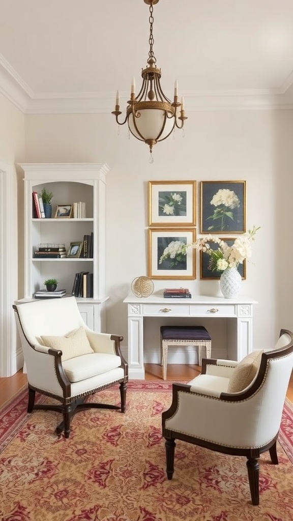 A cozy transitional space with two white chairs, a decorative rug, and a desk, showcasing Italian interior design elements.