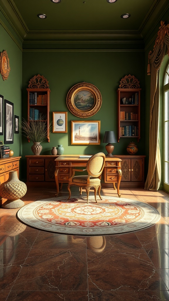 A stylish home office featuring olive green walls, wooden furniture, and a decorative rug.