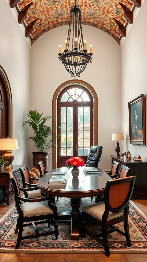A beautifully designed home office with a round table, wooden furniture, and a decorative ceiling, inspired by Spanish architecture.