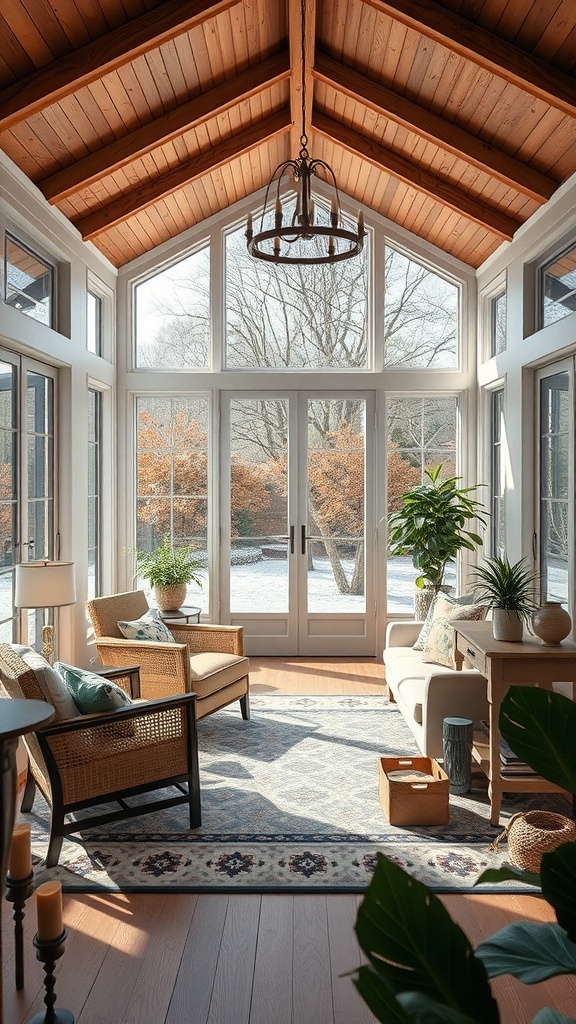 A cozy transitional style sunroom with wooden beams, large windows, and comfortable seating