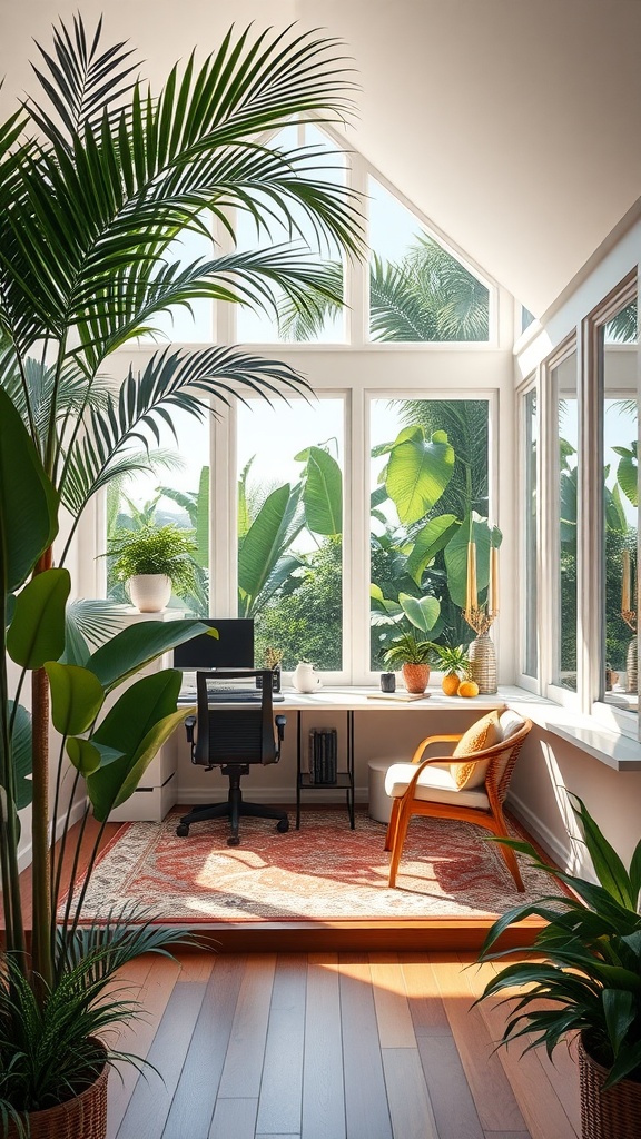 A bright and inviting tropical sunroom with large windows, lush plants, and a cozy workspace.