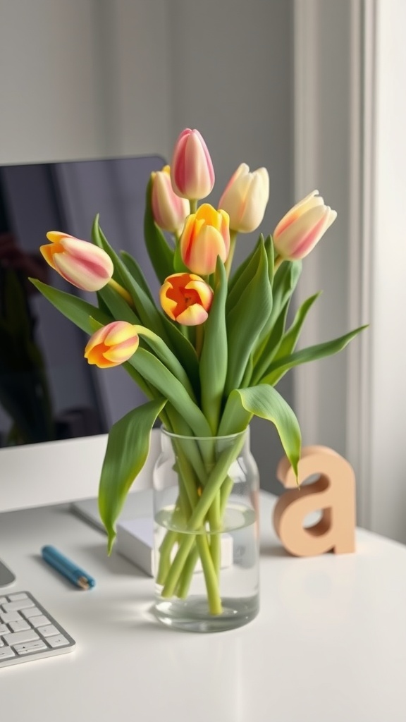 A bouquet of colorful tulips in a glass vase on a desk with a computer and decorative letter.