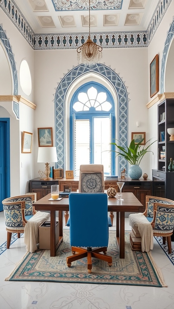 Tunisian-style home office with blue and white decor, featuring intricate arches and modern furniture