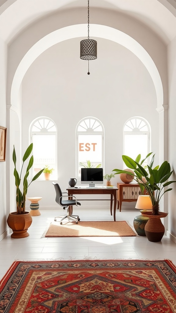 A bright and airy home office with arches, plants, and traditional decor