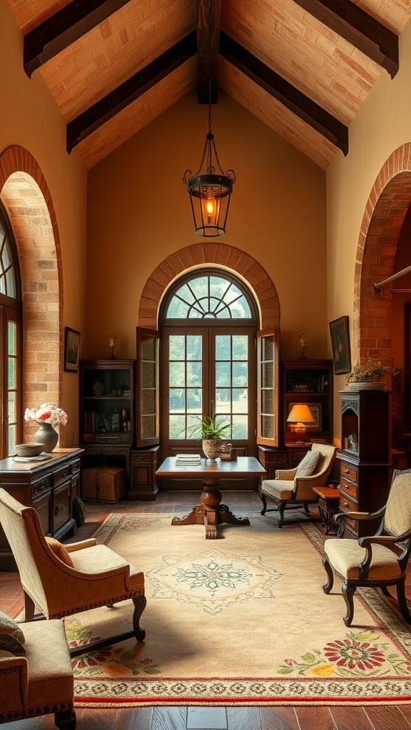Cozy home office featuring Tuscan influences with wooden beams, elegant furniture, and a decorative rug.