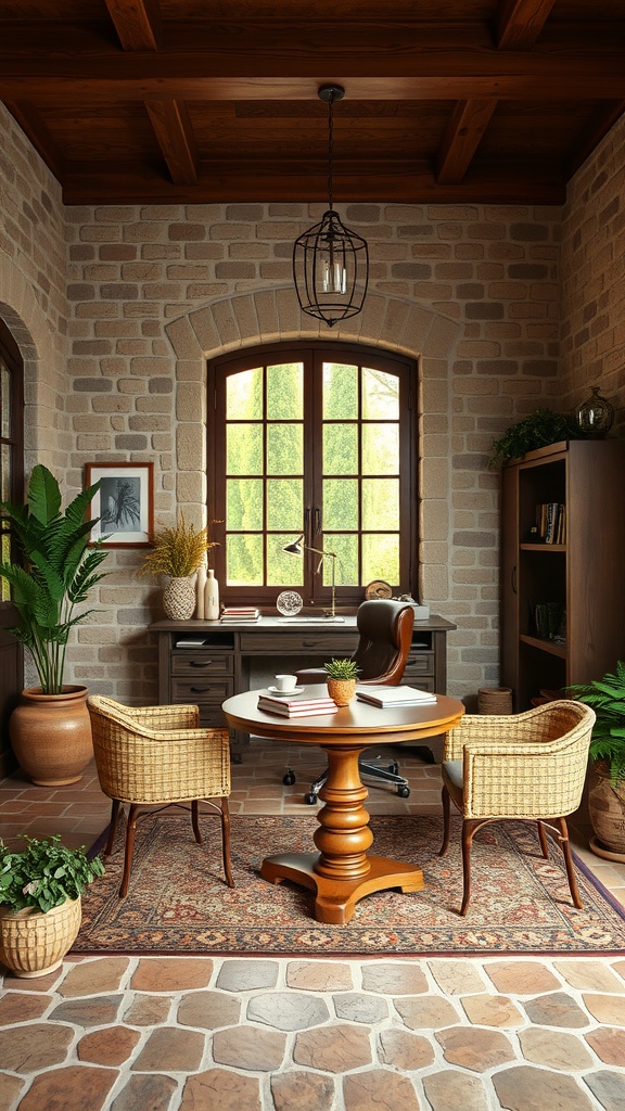 A cozy Tuscan-style home office featuring a round wooden table, woven chairs, and stone walls, with plants adding a touch of nature.