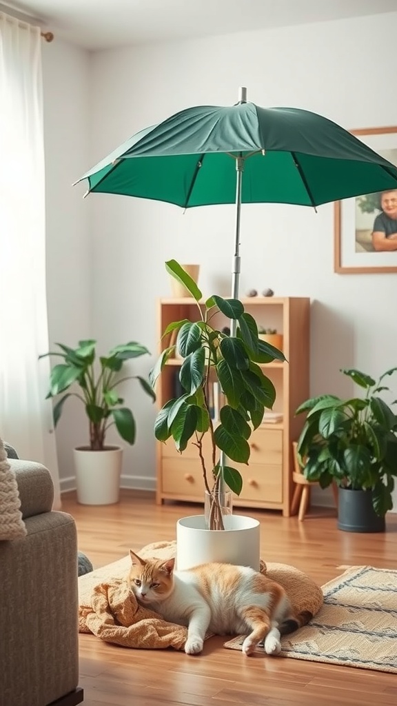 A cat lies on a blanket beside an umbrella plant in a cozy living room setting.