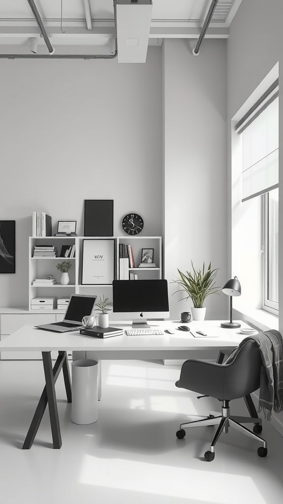 A minimalist office space featuring a clean desk, computer, and decorative plants, emphasizing simplicity and elegance.