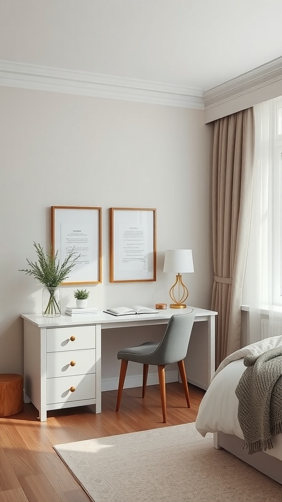 A cozy bedroom with a desk, blending office and bedroom elements in a minimalist style.