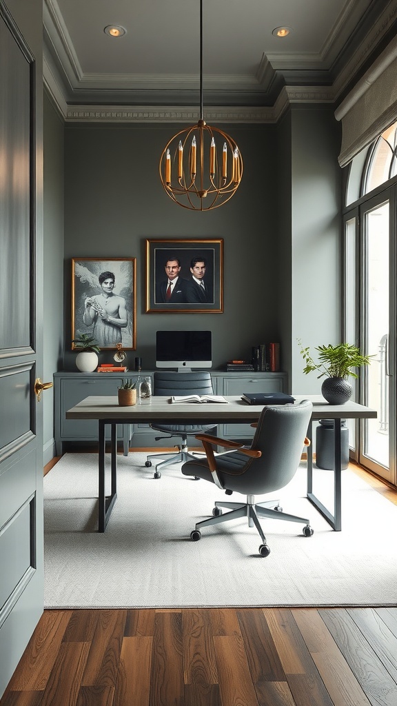 A stylish masculine home office featuring a wooden desk, beige chairs, and framed artwork.