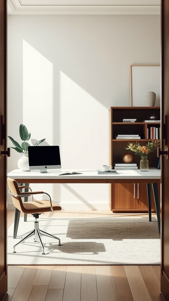A minimalist home office featuring a simple desk, a modern chair, a plant, and a neutral color scheme.