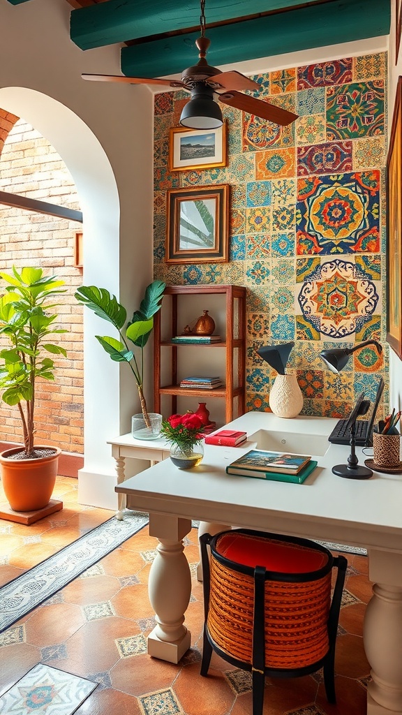 Vibrant artisan tile backsplash in a modern kitchen with a stove and white cabinetry.