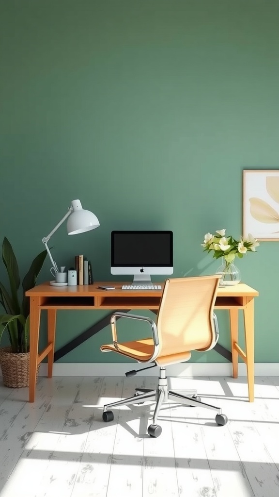 A bright home office with a green wall, wooden desk, modern computer, and plant.