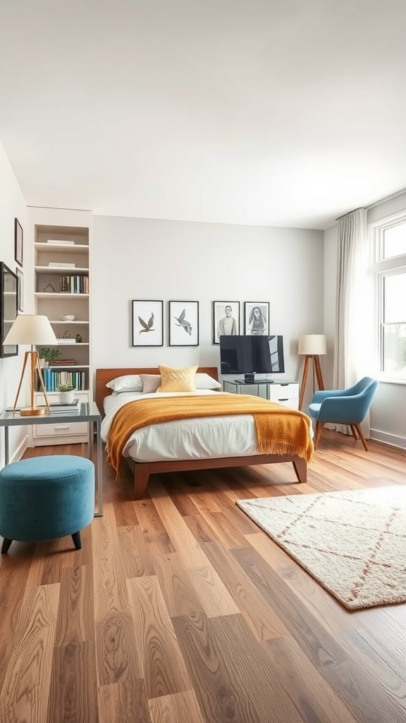 Modern murphy bed office guest bedroom with wooden flooring