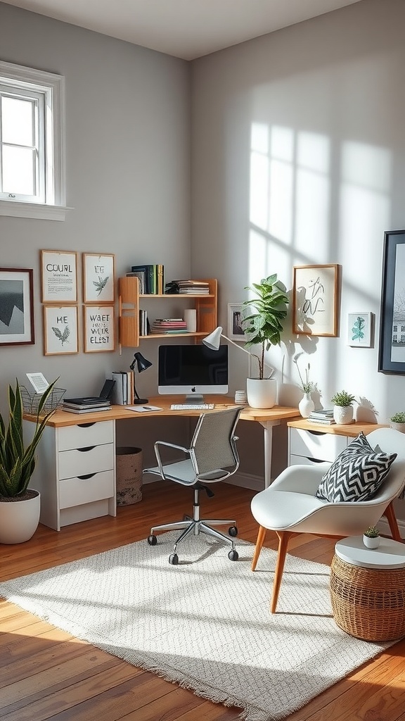 A well-arranged home office featuring a desk, ergonomic chair, and plants.