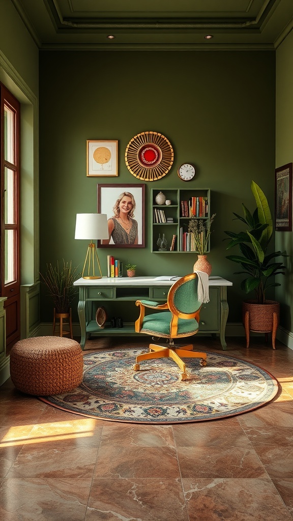 Upcycled boho home office with olive green walls, a vintage desk, and a cozy chair.