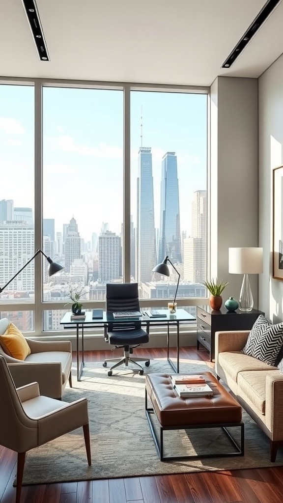 A modern urban office with large windows offering a city view, featuring wooden furniture and cozy seating.